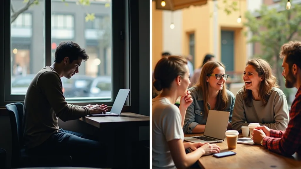 Digital nomad working alone at a café contrasted with the same person socializing at a group meetup, illustrating the transition from isolation to community