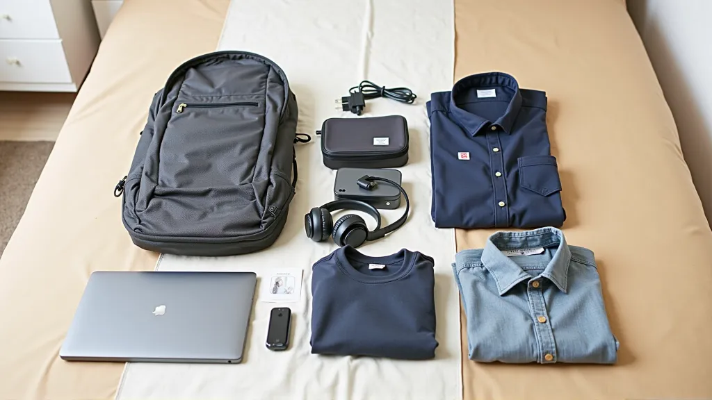 Minimalist travel gear and tech accessories neatly arranged for a digital nomad on the go.