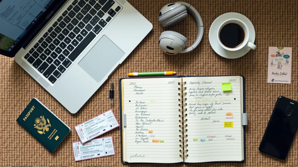 Digital nomad’s desk setup featuring a travel planner, laptop, and passport, illustrating planning for 2025 conferences.