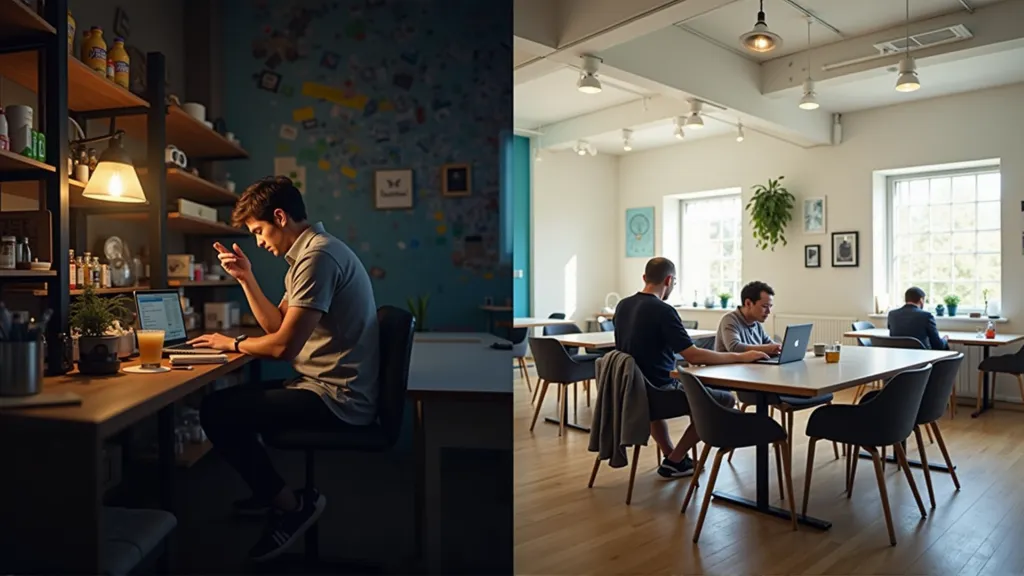 Split image comparing an unproductive café workspace versus a quiet coworking space for digital nomads.