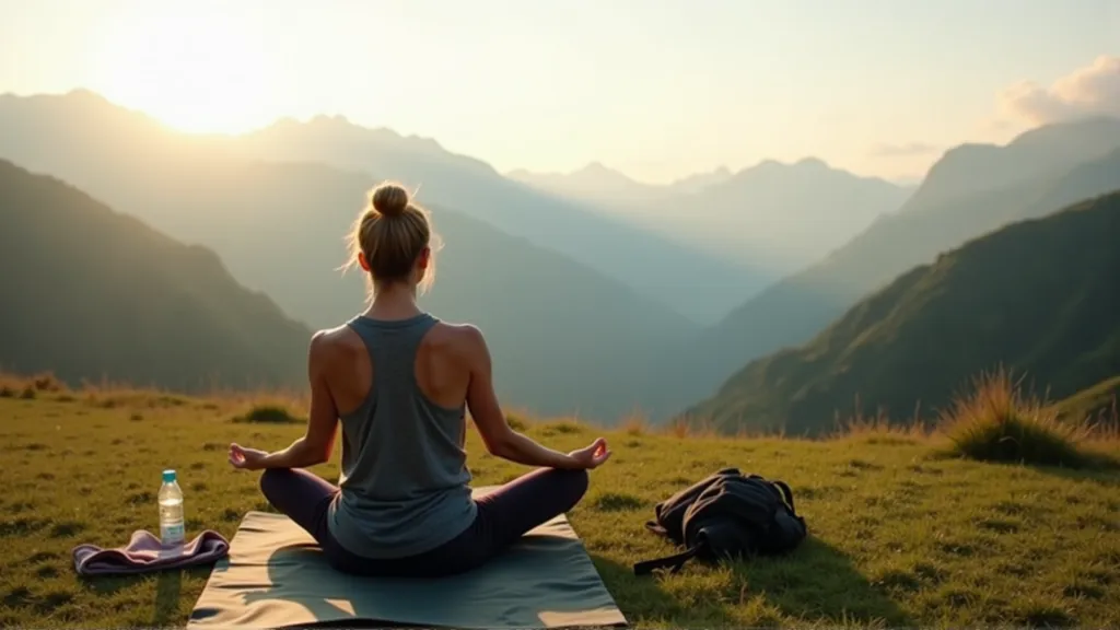 Digital nomad practicing yoga outdoors with a mountain view, reflecting the importance of self-care and restorative routines. Preventing Burnout on the Road