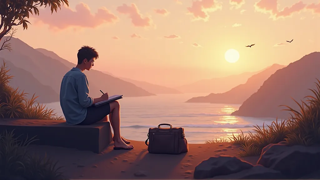 Digital nomad journaling while watching a peaceful sunset, illustrating self-compassion and the value of flexibility. Preventing Burnout on the Road