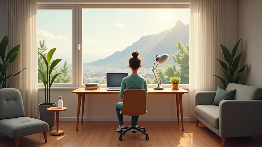 Digital nomad creating a calm remote workspace in a well-lit room, illustrating a sustainable travel-work setup.
