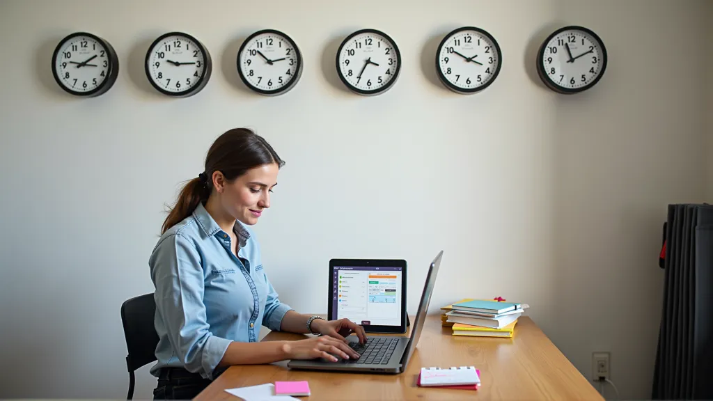 Remote worker managing international time zones with multiple clocks on the wall and a scheduling tool open on screen.