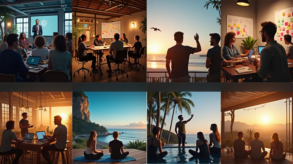 Collage of top digital nomad events and retreats in 2025, including conferences, workshops, and networking activities worldwide.