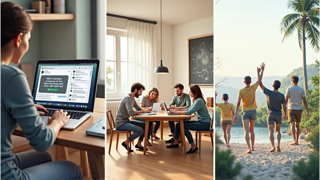 Visual collage showing types of digital nomad communities: online forums, local coworking meetups, and retreat-style group activities